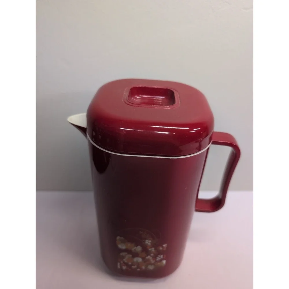 Vintage‎ Japanese Pitcher Plastic Red With White & Orange Flowers
